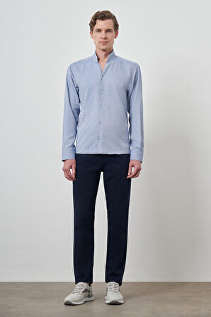  Erkek Mavi Slim Fit Dik Yaka Gömlek