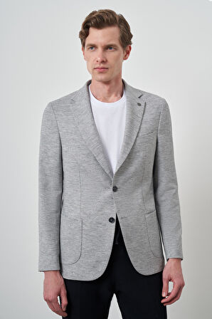  Erkek Gri Keten Dokuma Desenli Slim Fit Mono Yaka Ceket