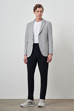  Erkek Gri Keten Dokuma Desenli Slim Fit Mono Yaka Ceket