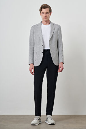  Erkek Gri Keten Dokuma Desenli Slim Fit Mono Yaka Ceket