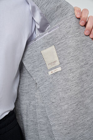  Erkek Gri Keten Dokuma Desenli Slim Fit Mono Yaka Ceket
