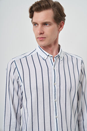  Erkek Lacivert Keten Dynamic Fit Düğmeli Yaka Gömlek