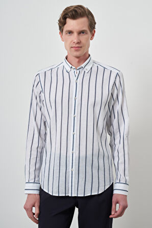  Erkek Lacivert Keten Dynamic Fit Düğmeli Yaka Gömlek