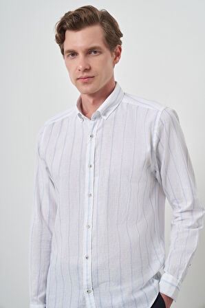  Erkek A. MAVİ Keten Dynamic Fit Düğmeli Yaka Gömlek