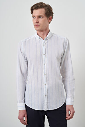  Erkek A. MAVİ Keten Dynamic Fit Düğmeli Yaka Gömlek