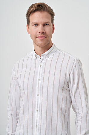  Erkek Vizon Keten Dynamic Fit Düğmeli Yaka Gömlek