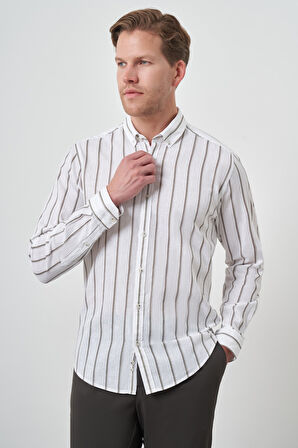  Erkek Haki Keten Dynamic Fit Düğmeli Yaka Gömlek