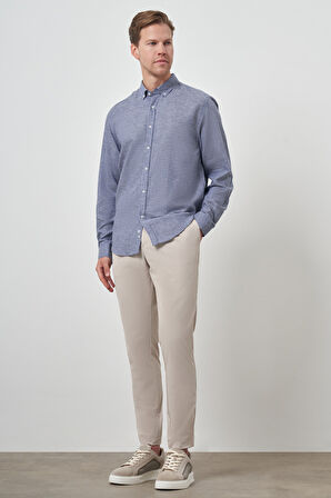  Erkek Lacivert Keten Dynamic Fit Düğmeli Yaka Gömlek