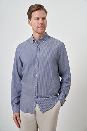  Erkek Lacivert Keten Dynamic Fit Düğmeli Yaka Gömlek