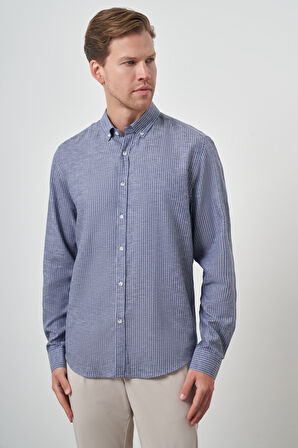  Erkek Lacivert Keten Dynamic Fit Düğmeli Yaka Gömlek