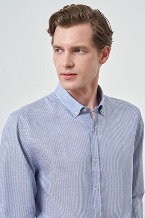  Erkek A. MAVİ Keten Dynamic Fit Düğmeli Yaka Gömlek