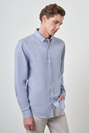  Erkek A. MAVİ Keten Dynamic Fit Düğmeli Yaka Gömlek