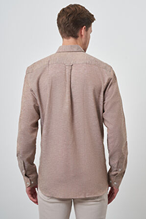  Erkek KAHVE Keten Dynamic Fit Düğmeli Yaka Gömlek