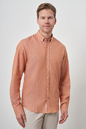  Erkek Kiremit Keten Dynamic Fit Düğmeli Yaka Gömlek