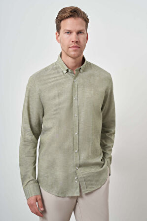 Erkek Yeşil Keten Dynamic Fit Düğmeli Yaka Gömlek