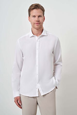  Erkek Beyaz Pamuk Trend Slim Fit İtalyan Yaka Gömlek