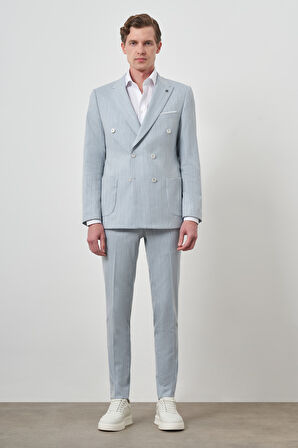  Erkek A. MAVİ Çizgili Desen Kruvaze Slim Fit Sivri Yaka Takım Elbise