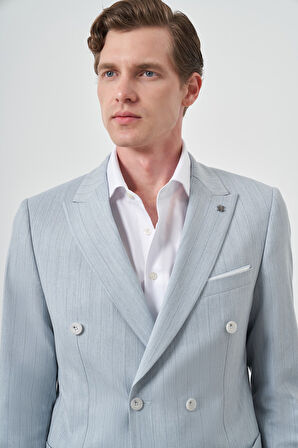  Erkek A. MAVİ Çizgili Desen Kruvaze Slim Fit Sivri Yaka Takım Elbise