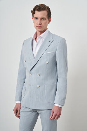  Erkek A. MAVİ Çizgili Desen Kruvaze Slim Fit Sivri Yaka Takım Elbise