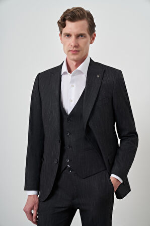  Erkek Siyah Trend Yelekli Slim Fit  Sivri Yaka Takım Elbise