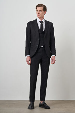  Erkek Siyah Trend Yelekli Slim Fit  Sivri Yaka Takım Elbise
