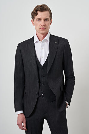  Erkek Siyah Trend Yelekli Slim Fit  Sivri Yaka Takım Elbise