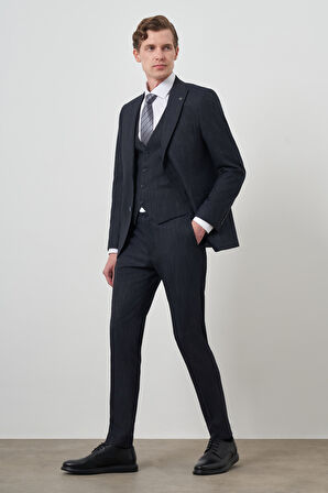  Erkek Lacivert Trend Yelekli Slim Fit  Sivri Yaka Takım Elbise