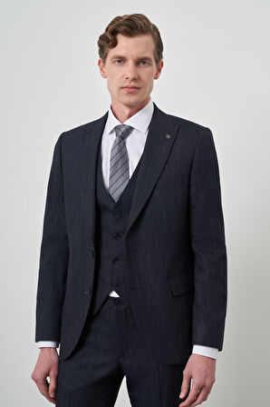  Erkek Lacivert Trend Yelekli Slim Fit  Sivri Yaka Takım Elbise
