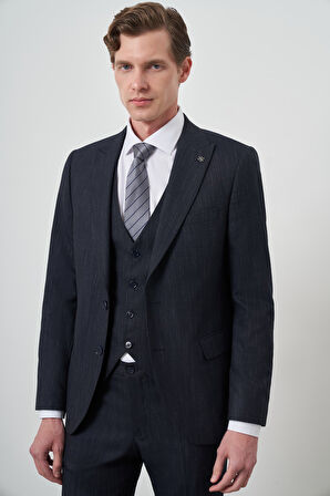 Erkek Lacivert Trend Yelekli Slim Fit  Sivri Yaka Takım Elbise