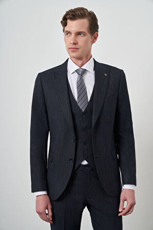  Erkek Lacivert Trend Yelekli Slim Fit  Sivri Yaka Takım Elbise