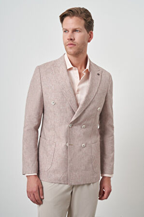  Erkek Kiremit Keten Kruvaze Desenli Slim Fit Sivri Yaka Ceket