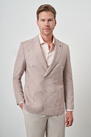  Erkek Kiremit Keten Kruvaze Desenli Slim Fit Sivri Yaka Ceket