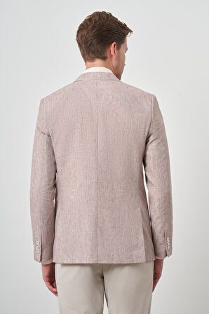  Erkek Kiremit Keten Kruvaze Desenli Slim Fit Sivri Yaka Ceket