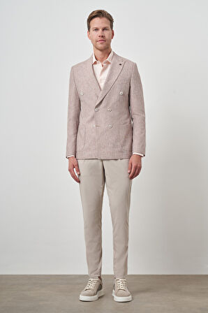  Erkek Kiremit Keten Kruvaze Desenli Slim Fit Sivri Yaka Ceket