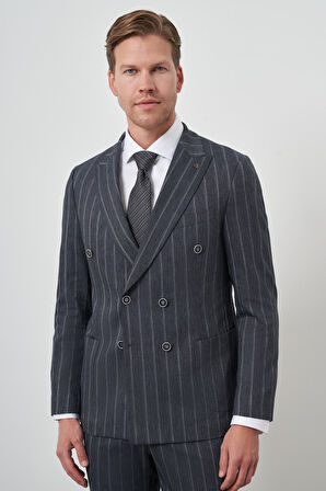  Erkek Lacivert Tend Keten Kruvaze Slim  Fit Sivri Yaka Takım Elbise