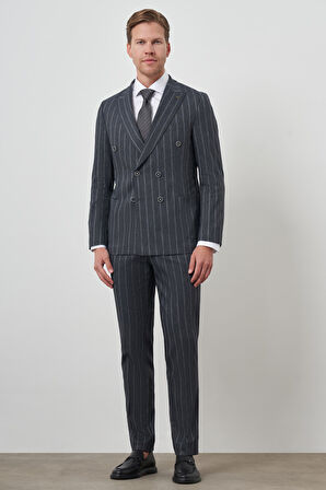  Erkek Lacivert Tend Keten Kruvaze Slim  Fit Sivri Yaka Takım Elbise