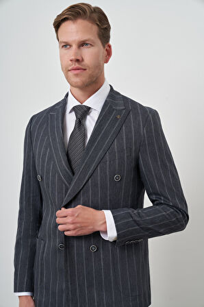  Erkek Lacivert Tend Keten Kruvaze Slim  Fit Sivri Yaka Takım Elbise