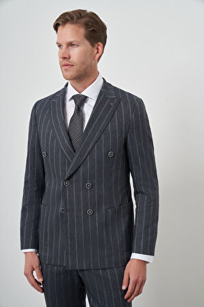  Erkek Lacivert Tend Keten Kruvaze Slim  Fit Sivri Yaka Takım Elbise