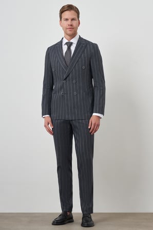 Erkek Lacivert Tend Keten Kruvaze Slim  Fit Sivri Yaka Takım Elbise