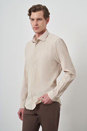  Erkek Bej Gofre Trend Desenli Dynamic Fit İtalyan Yaka Gömlek