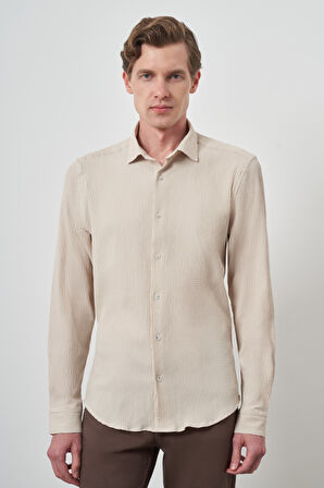  Erkek Bej Gofre Trend Desenli Dynamic Fit İtalyan Yaka Gömlek