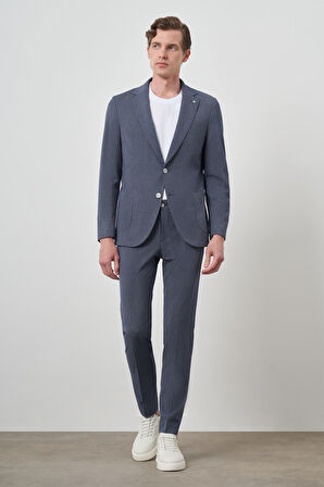  Erkek Lacivert Poliviskon Trend Çizgili Slim Fit Mono Yaka Takım Elbise