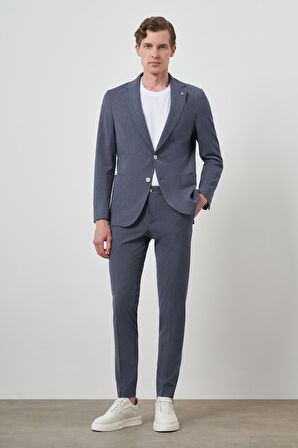  Erkek Lacivert Poliviskon Trend Çizgili Slim Fit Mono Yaka Takım Elbise