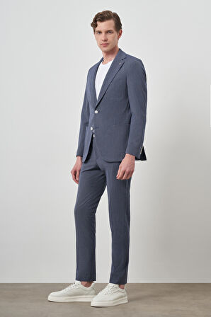  Erkek Lacivert Poliviskon Trend Çizgili Slim Fit Mono Yaka Takım Elbise