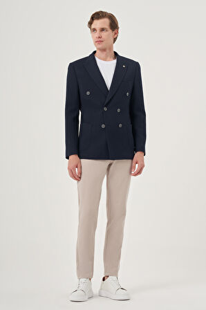  Erkek Lacivert Poliviskon Kruvaze Desenli Slim Fit Sivri Yaka Ceket