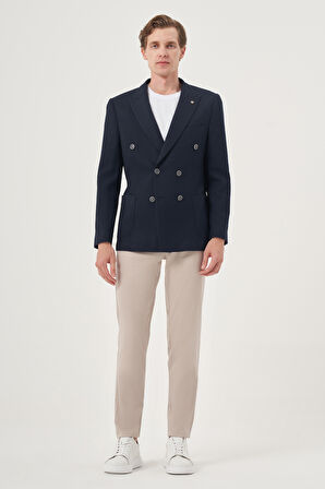  Erkek Lacivert Poliviskon Kruvaze Desenli Slim Fit Sivri Yaka Ceket