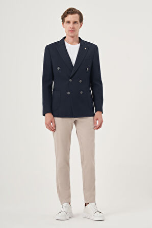  Erkek Lacivert Poliviskon Kruvaze Desenli Slim Fit Sivri Yaka Ceket