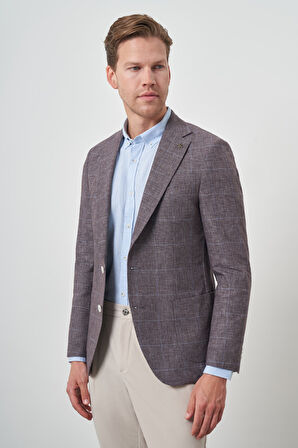  Erkek KAHVE Keten Ekoseli Slim Fit Mono Yaka Ceket