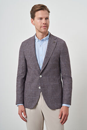  Erkek KAHVE Keten Ekoseli Slim Fit Mono Yaka Ceket