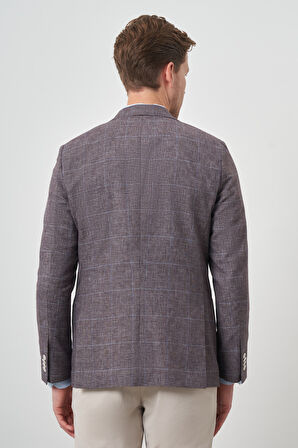  Erkek KAHVE Keten Ekoseli Slim Fit Mono Yaka Ceket